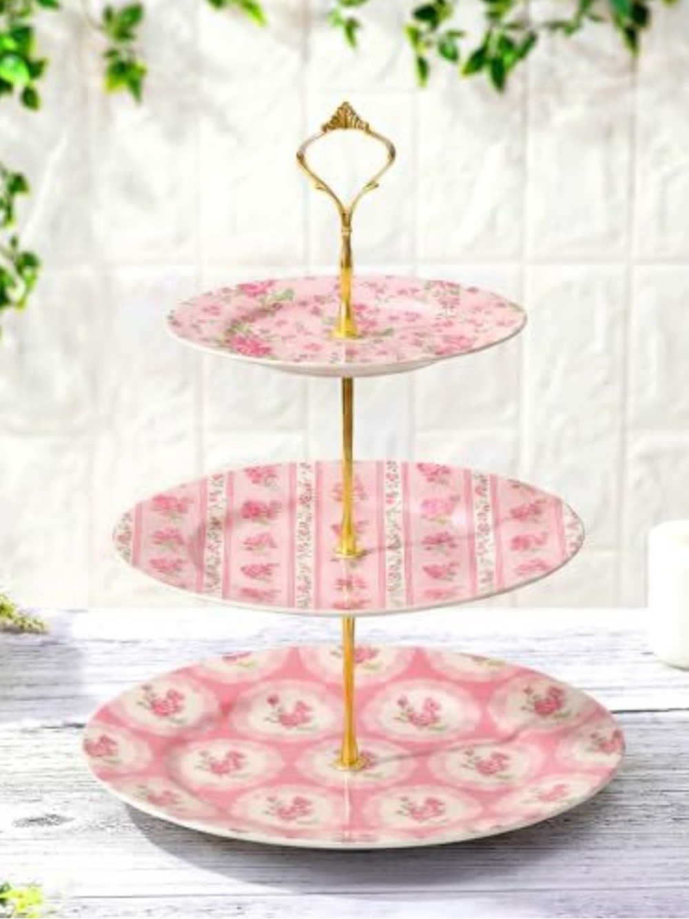 3-Tier Pink Floral Cake Stand with Gold Handle